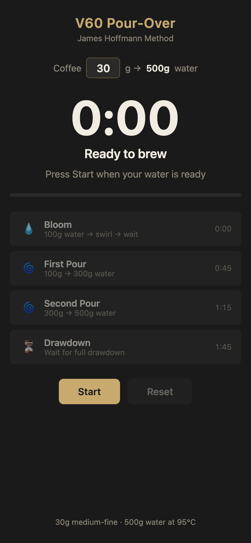 Screenshot of V60 Coffee Timer showing brew stages and a start button