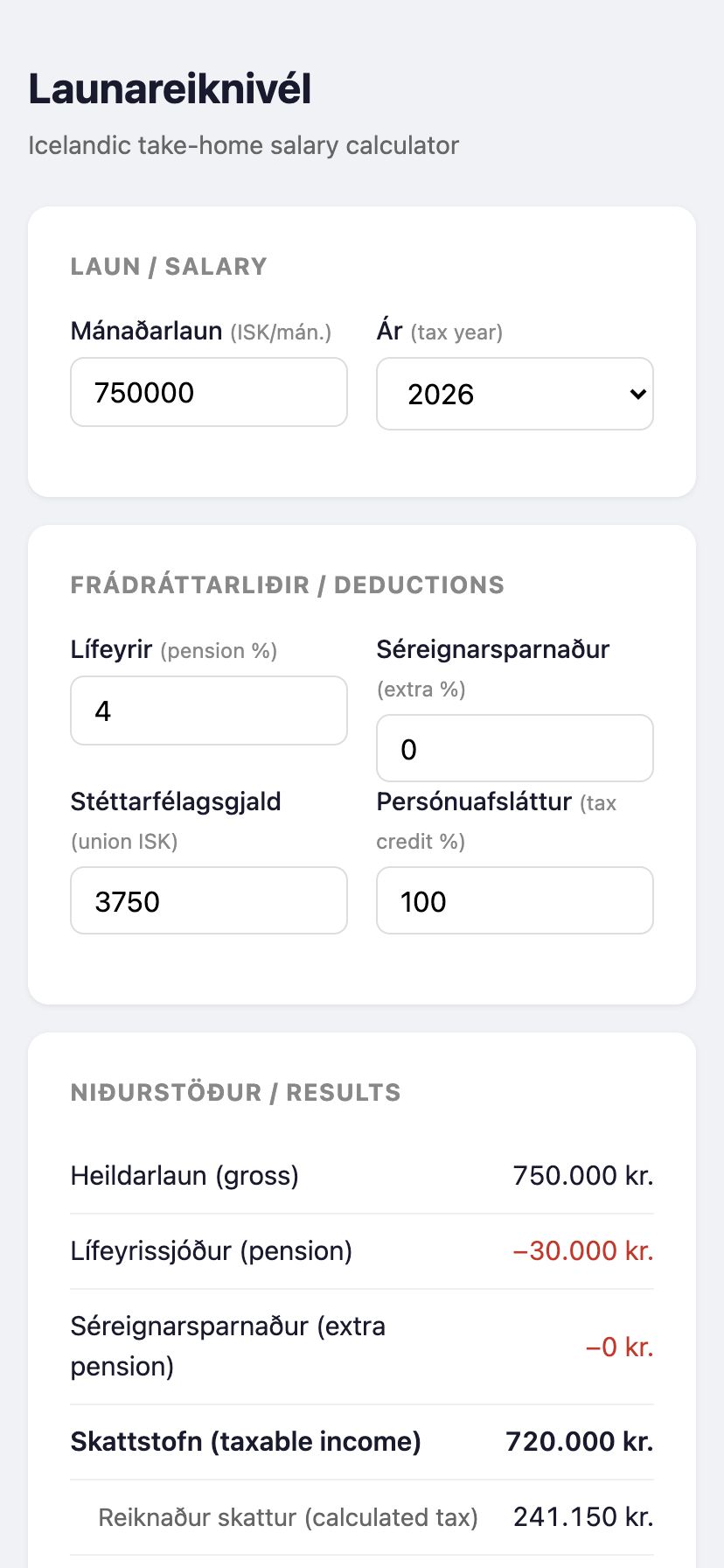 Screenshot of Icelandic salary calculator showing salary input, deductions, and take-home pay breakdown