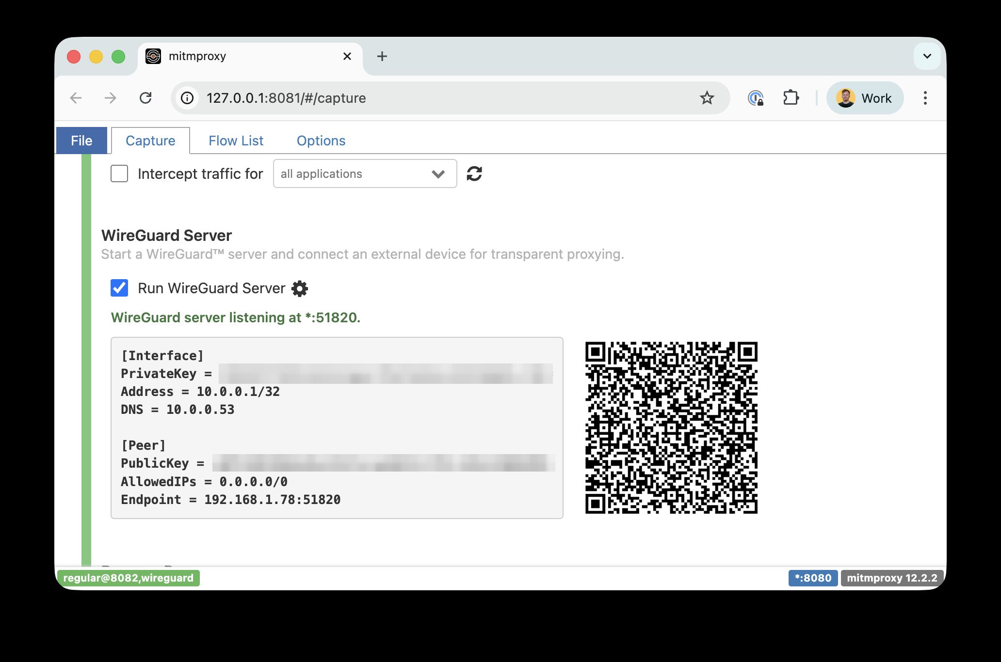 mitmproxy's WireGuard server setup screen, showing the generated peer config and a QR code for the iPhone WireGuard app