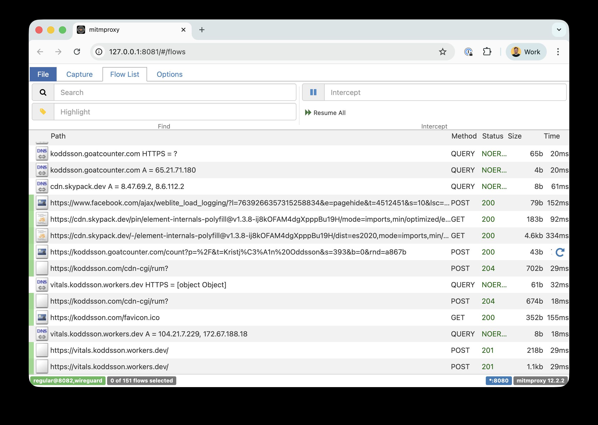 mitmproxy's flow list view showing intercepted HTTPS requests from the iPhone, including hostnames, methods, status codes, and timings